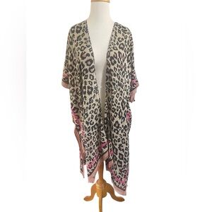 Leopard Print Open Front Kimono with Pink Trim
